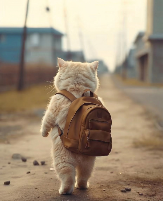 给这只走路的猫咪添加一个棕色双肩背包，移除猫咪身上的衣服，只保留背包，保持整体写实温暖的风格，背包和猫咪身体自然协调预览效果