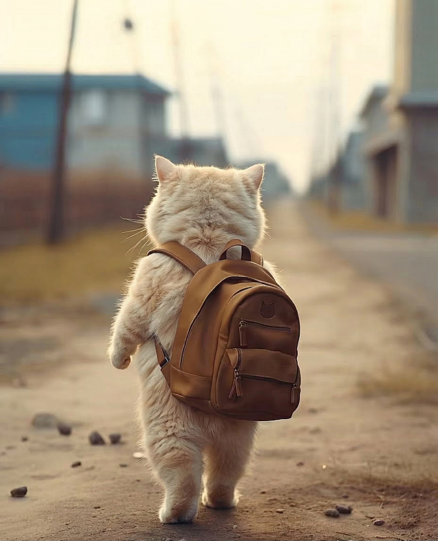 给这只走路的猫咪添加一个棕色双肩背包，移除猫咪身上的衣服，只保留背包，保持整体写实温暖的风格，背包和猫咪身体自然协调