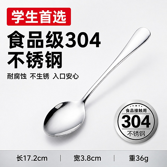 [单张主图] 商品名称为304不锈钢勺子，走爆款促销感主图路线，目标是同时完成点击转化，突出产品卖点，传递专业靠谱的品质感。
[参考比对] 用户提供了参考图，参考图采用的版式是左文右品标签参数型，产品主体放置在右下侧，文字信息分区排布清晰；本次生成遵循该版式逻辑，替换为用户指定的文案和细节要求。
[画面主体] 主体为1把304不锈钢勺子，45度斜侧放置，产品整体完整不裁切，占画面约60%，勺子的镜面金属光泽突出明亮；右下角放置放大的304钢印圆形特写图。保持勺子的外观、物理结构、材质质感、颜色与输入产品图一致，杜绝任何变形色差，精细化处理金属镜面反光效果。
[构图版式] 选择左文右品标签参数型版式：左上角放置红色高饱和标签，主标题放置在左上区域醒目大字，副标题小字补充在主标题下方，底部放置通栏参数信息条，勺子主体放置在画面右下区域，不被任何文字遮挡，右下角钢印特写圆形自然融入背景。
[场景元素] 背景采用极简浅灰色到纯白色渐变，干净通透，打光充足均匀，突出勺子镜面金属质感，无多余道具遮挡，保持画面简洁高级。
[文案版式] 左上角红色标签文字："学生首选"，标签采用红色底白色粗体字；左上主标题大字醒目："食品级304不锈钢"，黑色最大号粗体无衬线字体；主标题下方小字副标题："耐腐蚀 不生锈 入口安心"，黑色小字约为主标题一半大小同字体；底部通栏浅灰色渐变蒙层参数条文字："长17.2cm 宽3.8cm 重36g"，黑色文字均匀分布在底部通栏内；右下角圆形304钢印特写保持文字清晰："食品接触用 304 不锈钢"。所有文字清晰可读，无遮挡。
[光影质感] 采用正面充足打光，主光均匀打亮勺子整体，强化金属镜面高光，反射清晰通透，辅光弱化阴影，背景干净明亮，整体商业摄影质感，产品清晰真实，画面干净高级，金属光泽亮眼。
[配色字体] 主背景色为浅灰到纯白渐变；强调色为高饱和红色用于左上角标签；文字主要为黑色，标签文字白色；字体全部采用粗黑无衬线字体，主标题最大，标签其次，副标题和参数文字缩小，对比强烈层级清晰。
[比例分辨率] 1:1 比例，2048px*2048px，分辨率2K，文字清晰锐利，超高清画质。
[负向提示词] 变形，文字错乱，产品图模糊，背景杂乱，水印，电商平台Logo，错字，糊字，主体遮挡，低清晰度，错误结构。