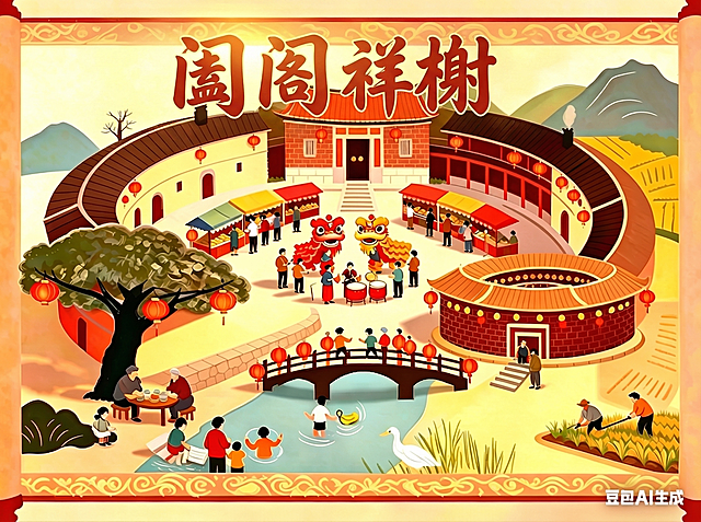 将图片顶部的文字“阖阁祥榭”尺寸缩小一点，保持画面其他元素、国潮新年插画风格不变