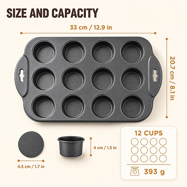 [主图-5] 商品名称「12-Cup Mini Cheesecake Pan with Removable Bottoms — Non-Stick Mini Cake and Tart Baking Pan for Cheesecakes, Tarts and Egg Tarts」。本张唯一任务：下单前的尺寸与容量核对，只标注真实数据。
[统一基调] 温暖诱人的烘焙厨具信息图视觉：纯净白到暖奶油白背景（#FFFFFF→#FBF3EA），深灰不粘烤盘配深可可标题（#4A3428）、暖灰褐辅助文字（#7C6A5E）与焦糖金强调（#C8892F）；单一几何无衬线粗体，仅以字号层级区分主副；卡片统一 16px 圆角白卡 + 1px 浅灰褐描边，图标 2px 线性描边；左上柔光。
[画面] 深灰 12 杯不粘烤盘以正上方俯视平放，居画面中偏上：上方一条横向细焦糖金标注线带圆点端点，标注含抓手凸盈的整盘长度并写 "33 cm / 12.9 in"；右侧一条竖向细焦糖金标注线带圆点端点，标注盘体宽度并写 "20.7 cm / 8.1 in"；左下角放一个拆下的圆形底盘，旁边用细标注线标出直径并写 "4.5 cm / 1.7 in"，再用一条竖向短标注线加上侧视小窗标出杯深并写 "4 cm / 1.5 in"；右下角一张 16px 圆角白卡小窗作为容量证据组件，窗内以简洁图形标注 4 列 × 3 行的杯位排列并写容量与重量数据；标注线为平面图形，不与产品产生错误阴影。
[光影质感] 影棚柔光，左上主光，不粘涂层哑光细腻、杯口内壁有自然暗部，产品与台面有自然接触阴影，不悬浮、不硬切。
[配色] 沿用统一基调；背景暖奶油白，标注线与文字用深可可与焦糖金，卡片为暖白。
[文字版式] 主标题置左上，深可可粗体大字 "SIZE AND CAPACITY"；全图仅允许以下数据："12 CUPS"、"33 cm / 12.9 in"、"20.7 cm / 8.1 in"、"4.5 cm / 1.7 in"、"4 cm / 1.5 in"、"393 g"；全图仅英文文案，禁止中文、错字。
[输出要求] 1:1 正方形；负向：除上述数据外的任何数字、数值互换或指向错误、单位错误、中文、水印、平台 Logo、品牌铭牌文字、手部、手指、变形、标注遮挡主体、模糊。