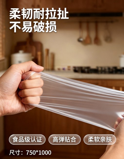 参考提供的两张一次性TPE手套详情页的温馨居家厨房风格、白色粗体大字+圆角透明标签排版逻辑，生成第2张详情页卖点页：暖调家居背景，展示手用力拉扯手套的透明强韧质感特写，上方大字“柔韧耐拉扯 不易破损”预览效果