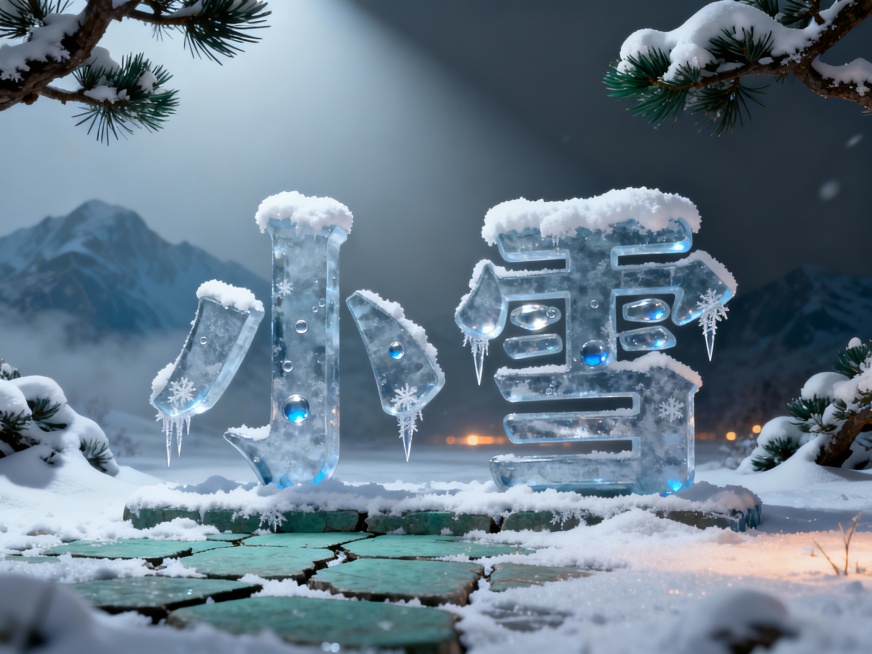 新中式写实风，核心主体为“小雪”二字，厚重磅礴的楷书书法体，笔画粗重转折有力如碑刻拓印质感，字体高度占画面60%居中对称。字体表面覆盖3D立体积雪，顶部积雪蓬松边缘有自然堆积弧度，笔画凹槽处嵌有透明冰预览效果