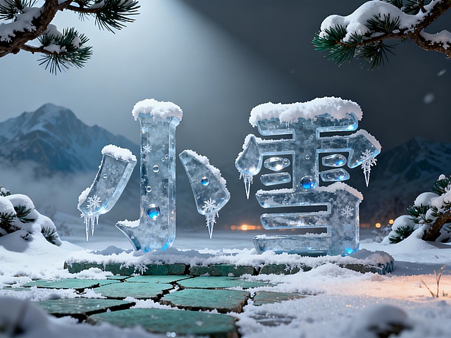 冰晶质感的“小雪”字样，融合3D重拟物与玻璃风设计，清透光影交织，静谧雪境中展现虚拟现实般的冬日诗意。