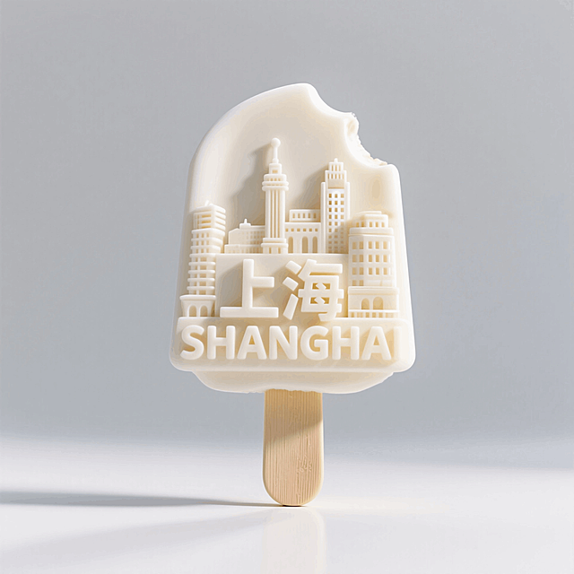文创雪糕，画面主体为上海外滩立体场景，不规则雪糕造型，文字“上海 SHANGHAI”合理排版，单一配色