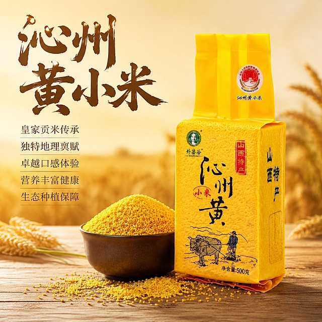 [单张主图] 沁州黄小米 高端品质氛围感主图，突出皇家贡米传承与产地优势。
[画面主体] 主体为沁州黄小米黄色包装袋与一碗盛满小米的棕碗，包装袋保持原外观（物理结构、材质质感、颜色、文字logo信息）与输入产品图绝对一致，杜绝任何变形和色差，精细化处理。包装袋居右放大，饱满完整，占画面约50%，棕碗在包装袋左前方，散落金黄小米颗粒在原木台面上，呈现天然粮食质感。
[构图版式] 采用左文右物场景型版式，左侧大面积留白放文案，产品放右侧，底部用原木台面承托，自然真实。
[场景元素] 背景采用浅暖调虚化的金黄稻田远景，营造产地氛围，柔和光线突出小米金黄通透的颗粒质感，不抢产品主体。左下方浅棕木纹理台面，整体干净通透有食欲。
[文案版式] 左侧左上留白区域：
大字粗笔刷书法字：沁州黄小米，颜色暖棕，厚重有质感
下方小号细衬线字：
皇家贡米传承
独特地理禀赋
卓越口感体验
营养丰富健康
生态种植保障
字体大小层次分明，文字均不遮挡产品主体，清晰可读。
[光影质感] 主光为自然暖阳逆光从左侧斜射，突出小米金黄通透色泽，辅光为右侧补光，让产品包装清晰，整体光线柔和通透，产品清晰真实，画面干净高级，有食欲感。
[配色字体] 主色：暖米黄、原木棕；辅助色：小米金黄；字体主标题为粗笔刷书法字，卖点为细衬线体，字重对比明显，清晰易读。
[比例分辨率] 1:1 比例，2k分辨率，文字清晰可辨，画面超高清。
[负向提示词] 变形，文字错乱，产品图模糊，背景杂乱，水印，电商平台Logo，错字糊字，主体遮挡