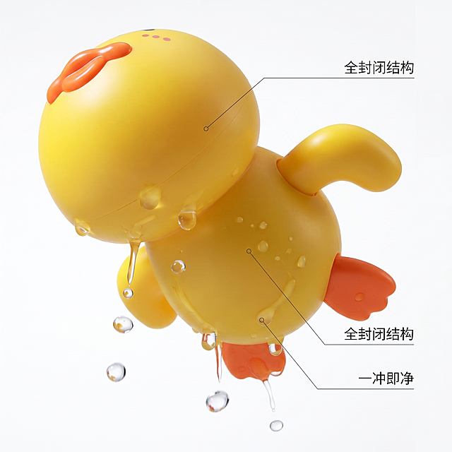 工业设计展示风格。展示产品底部的紧凑结构，捕捉水珠从哑光光滑表面滑落的瞬间。保持产品结构与原图完全一致。背景为极简纯净空间。极简标签化排版，用细线条引出卖点标签"全封闭结构"、"一冲即净"。强调易清洁特性，光影干净简洁。负面提示词：内部阴影太黑，生锈感，复杂线条。