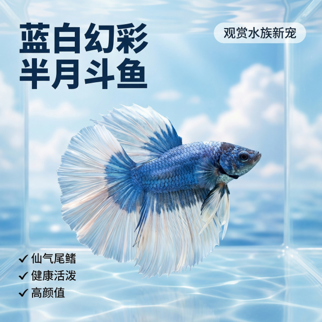 [主图 1] 蓝白半月泰国斗鱼首图场景展示
[主图主题] 精品蓝白半月泰国斗鱼观赏鱼
[氛围/风格] 清新自然水族风格，干净通透
[画面元素] 蓝白渐变半月泰国斗鱼居中展示，保留用户原图斗鱼外观100预览效果