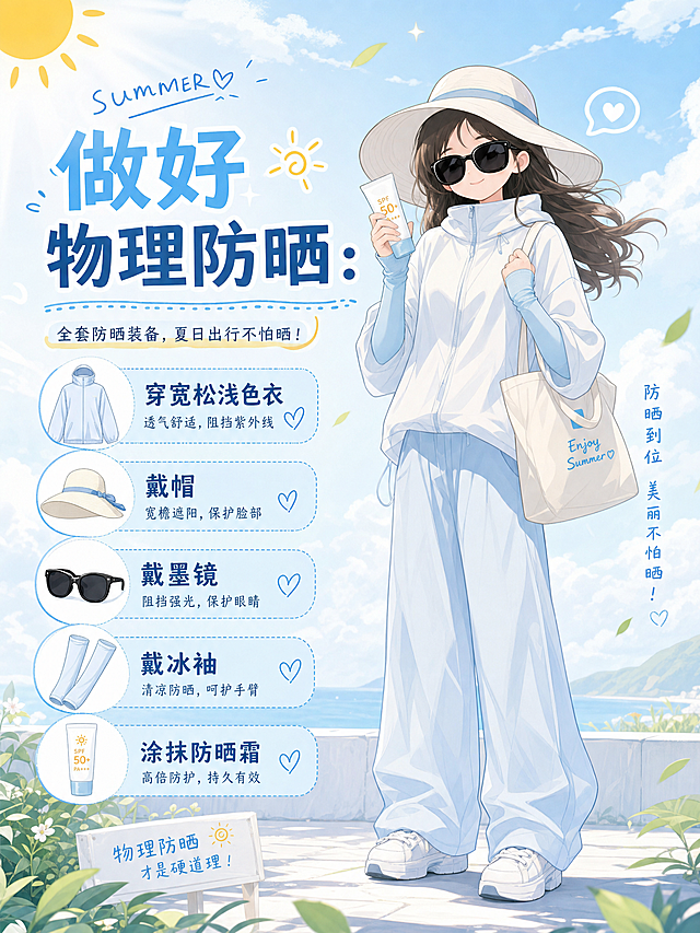 小红书笔记配图插画，文字主题"做好物理防晒：穿宽松浅色衣，戴帽、墨镜、冰袖，涂抹防晒霜"，插画风格，展示全套防晒装备，卡通人物佩戴整齐防晒用品，清新夏日浅蓝色调，适合小红书配图