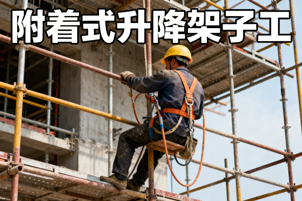 附着式升降架子工封面，画面呈现架子工在附着式升降脚手架上作业，佩戴安全装备，上方有"附着式升降架子工"醒目文字，风格专业写实，无水印预览效果