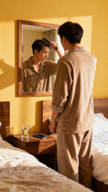 一个男人在家中镜子前梳头，温馨日常场景，生活化氛围预览效果