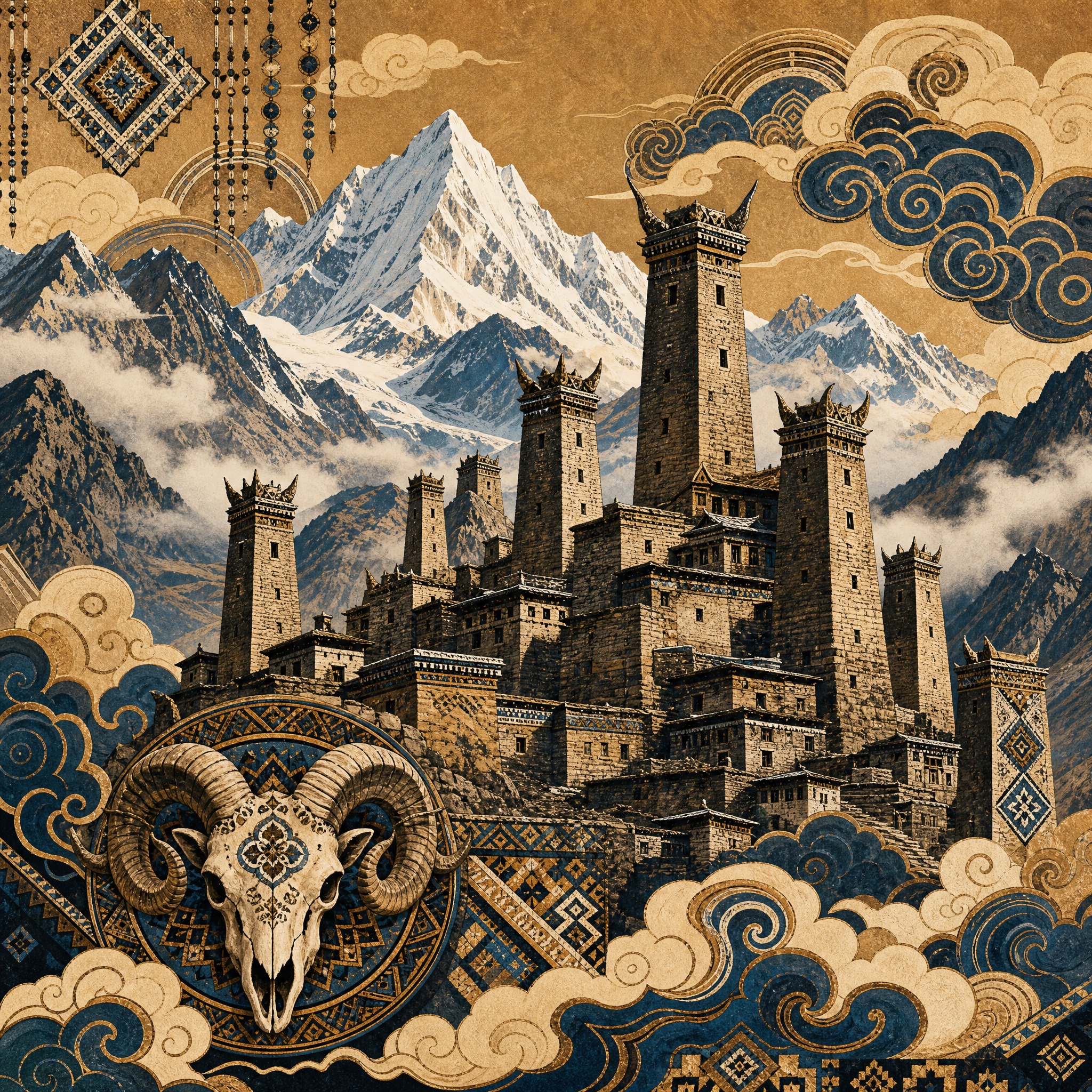 国潮风景插画，羌族主题，羌寨碉楼高耸入云，石砌的碉楼群依山而建… - 图片创意预览