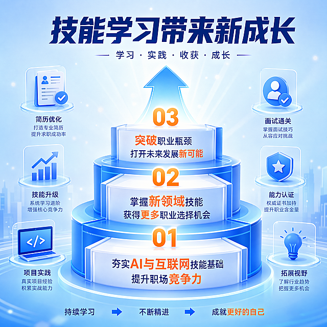 [主图-3] 互联网AI技能培训学习收获展示图；
[氛围风格] 统一科技蓝色风格，积极向上充满成长感；
[画质] 商业设计质感，文字清晰锐利，画面干净通透。
[元素] 画面中心展示向上的技能成长阶梯图形，阶梯两侧搭配简历优化、面试通关、技能升级简约图标，背景采用浅蓝色渐变叠加轻微光点效果，整体传递成长与更多可能性感受，核心信息占比约70%，画面满屏无边框。
[光影] 中心阶梯区域主光明亮，周围图标辅助光柔和，整体光影通透自然，光点点缀增加层次感。
[配色] 主色调科技蓝色，浅蓝渐变背景，深蓝色基础文字搭配橙色强调核心收获关键词，色彩对比清晰醒目。
[视角构图] 中心垂直聚焦构图，核心内容居中排布，结构稳定清晰。
[文字版式] 顶部大字标题："技能学习带来新成长"，加粗深蓝色；阶梯三个层级分别展示核心收获：
第一层 夯实AI与互联网技能基础 提升职场竞争力
第二层 掌握新领域技能 获得更多职业选择机会
第三层 突破职业瓶颈 打开未来发展新可能
每行文字搭配阶梯节点，大小对比清晰，行间距宽松，保持安全边距不遮挡主体图形。
[输出要求] 1:1比例，文字清晰可辨，超高清商业设计质感；
[负向提示词] 变形，文字错乱，模糊，背景杂乱，水印，电商平台Logo，绝对化违禁词，联系方式，违规信息。