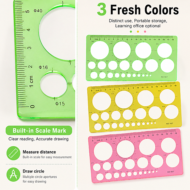 [主图-4] Built-in Scale Mark & 3 Fresh Colors highlight main picture. Left side: close-up display of the side scale, mark "Built-in Scale Mark - Clear reading, Accurate drawing", dual purpose of measuring distance and drawing circle. Right side: display three colors green/yellow/pink complete set, label "3 Fresh Colors", "Distinct use, Portable storage, Learning office optional". Keep the original product shape, color and aperture structure completely consistent. Ambient style: indoor handcraft style, clean layered. Image quality: commercial photography, clear close-up details, super high definition. Lighting: soft overall light, local close-up focus highlighting, clear hierarchy. Color: light background, prominent product three fresh colors. Proportion 1:1, 2048x2048px, 2K resolution. Compliance with Amazon cross-border platform, no Chinese. Negative prompt: deformation, watermark, text confusion, product blur, background clutter, Chinese characters.