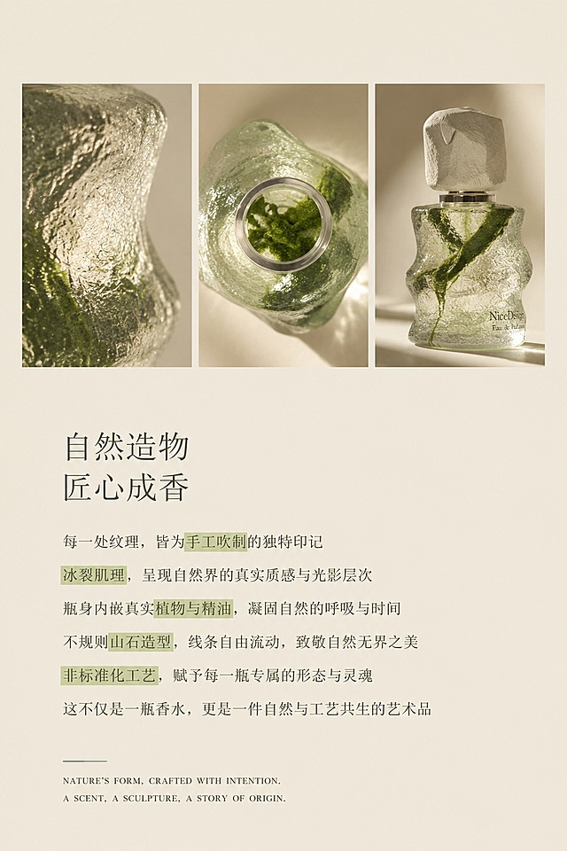 电商详情页第四屏，2:3竖版，浅米色纯色背景，四周大量留白。上半区三张小图横向等距并排，统一2:3裁切，全部侧逆光拍摄强化玻璃通透质感：第一张是瓶身冰裂纹肌理微距特写，清晰展现手工吹制玻璃的不规则凹凸纹路；第二张是俯拍瓶内绿色枝叶与精油液体的通透光影；第三张是侧拍瓶身流线型山石不规则弧度，体现非标准化手工造型。下半区通栏大篇幅正文文案，左对齐排布，重点工艺关键词做浅绿底色高亮标注，细宋体字体，行间距宽松舒适，底部加英文装饰标语。整体突出高端工艺精致感，契合高奢定位，杜绝拥挤杂乱。