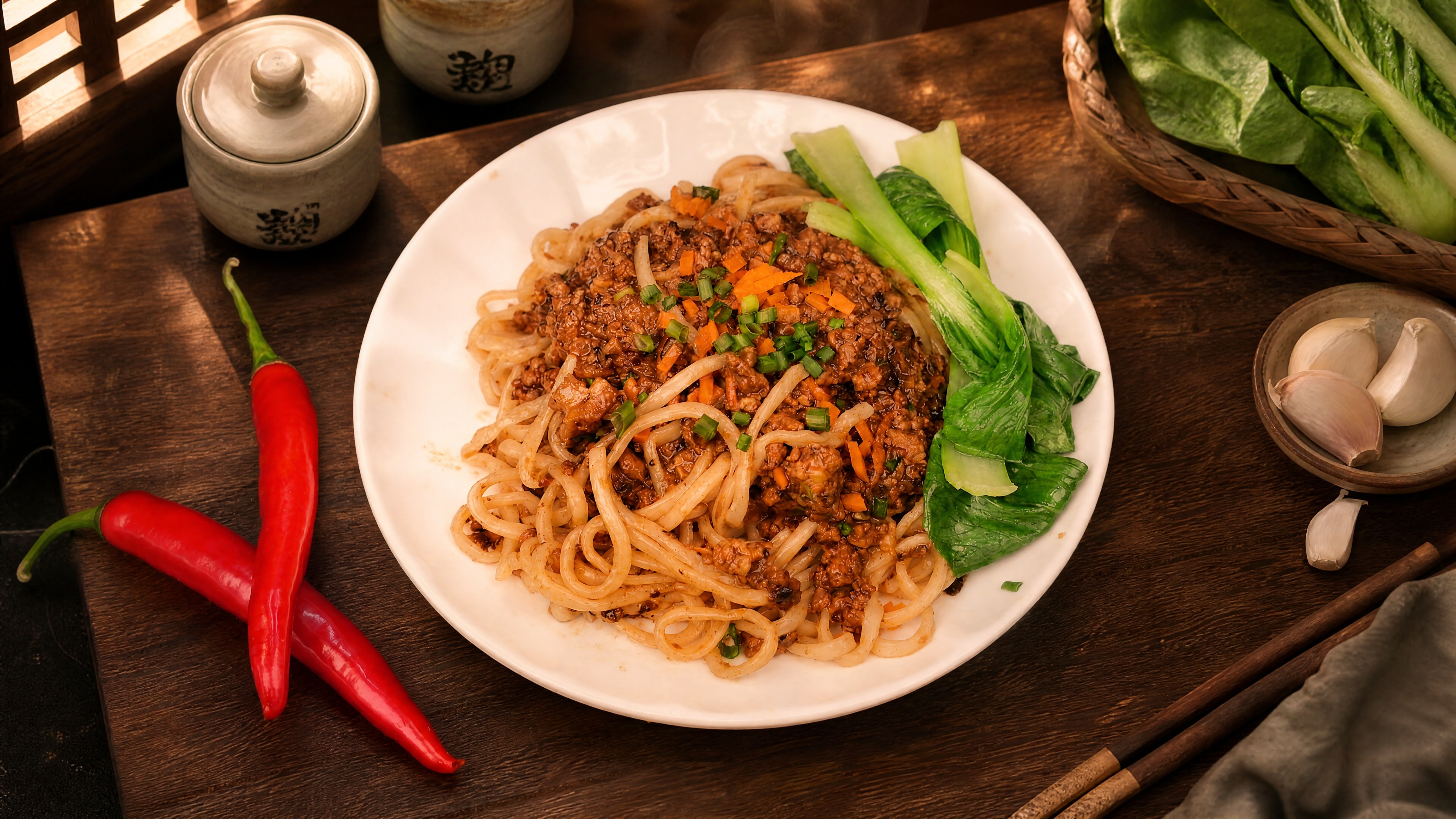 肉酱拌面严格参照上传产品图，完整保留白盘、面条、肉酱、胡萝卜丁… - 图片创意预览