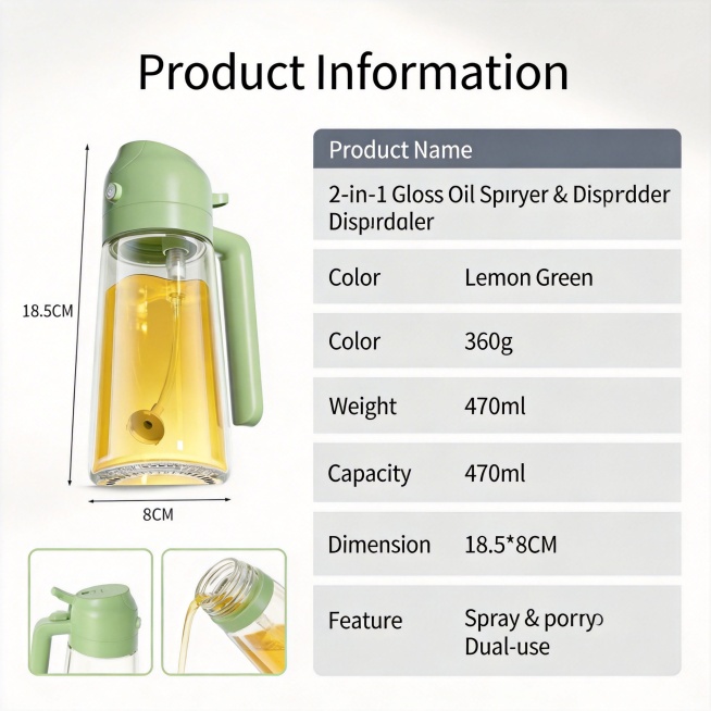 厨房家用喷油壶产品介绍详情页，参考第二张产品信息图的排版结构，将产品替换为第一张的柠檬绿喷倒两用玻璃喷油壶，不要出现开罐器。顶部标题为"Product Information"，左侧放置喷油壶主视觉图预览效果