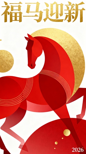矢量插画，抽象线条与曲面线条，线条画，柔美色块构成，极简主义，以红色系为主的红金色系，线条设计叠加多个不规则弧形色块组成的马，自然，装饰，超现实派，融合时尚金色大字体主标题“福马迎新”作为点缀，小字“预览效果