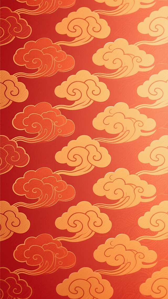 暖色调中式祥云背景，以红色、橙色、黄色等暖色系为主色调，呈现出连续重复的传统祥云图案，线条流畅优美，具有浓郁的中国传统文化韵味，整体风格简洁典雅，营造出温暖祥和的氛围。