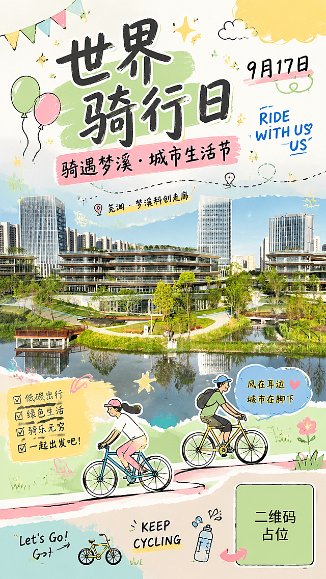 基于芜湖梦溪科创走廊实景照片制作世界骑行日手机海报，保留建筑本身的内容细节和结构不变，只做风格美化叠加。整体风格为简笔手绘+拼贴涂鸦风，低饱和马卡龙配色：浅绿、奶蓝、鹅黄、柔粉，色彩干净柔和，大面积浅底色打底，用高饱和色块做图形点缀，不堆砌复杂渐变，偏向活泼明快，适配市集、户外活动、生活节氛围。画面中上部为芜湖梦溪科创走廊建筑实景（建筑细节保持原样，色彩适度美化提亮），前景水面和绿地保留。画面叠加大量手绘涂鸦元素：粗线条手绘骑行小人、自行车、不规则几何色块、手写字体文字，文字错落排布，穿插细碎英文和小插画元素，充满手工温度。线条刻意做不规则、手写感，保留手绘的不规整感，拒绝平滑僵硬的矢量效果。整体松弛治愈，自带烟火氛围感。主标题大字手写体"世界骑行日"位于画面上半部分，副标题"骑遇梦溪 · 城市生活节"，点缀"9月17日"和"RIDE WITH US"英文小字，手绘小元素包括气球、星星、箭头、云朵、彩旗、骑行路线虚线。画面中所有信息区域必须填充完整合理内容，不得出现空白框或待填写区域。画面右下角二维码区域使用纯色方块占位符呈现，方块中央标注"二维码占位"文字，严禁生成任何可识别的二维码图案。版式精美，竖版9:16手机海报比例。
