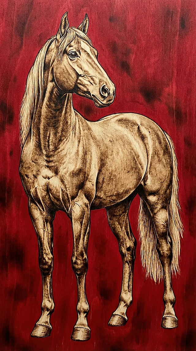 木雕风骏马，红底衬托古典韵味，工笔细刻肌理，厚涂质感尽显复古优雅，文艺气息浓郁。
