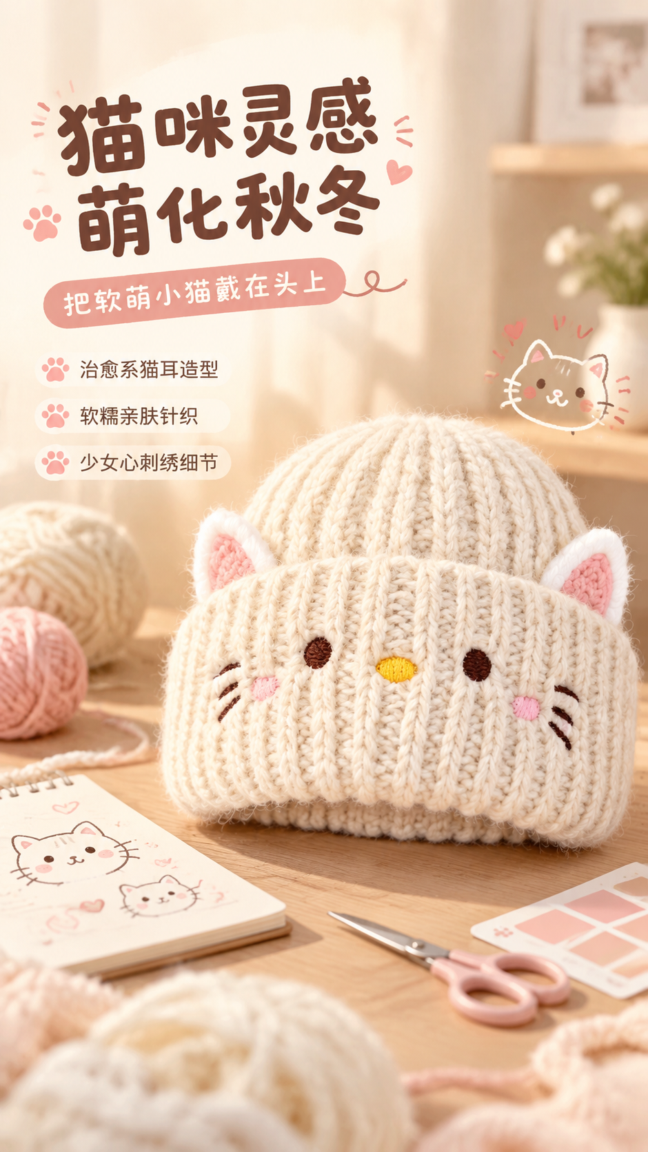 [商品] 使用【图8】米白色猫咪耳朵针织帽正面特写；保留猫耳造… - 图片创意预览