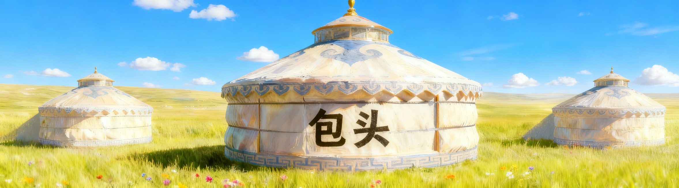 将中间蒙古包上的文字从“呼和浩特”替换为“包头”两个大字，保留蓝天小云朵、草地上的彩色野花、三个蒙古包原有布局和风格不变，维持尺寸360*100预览效果