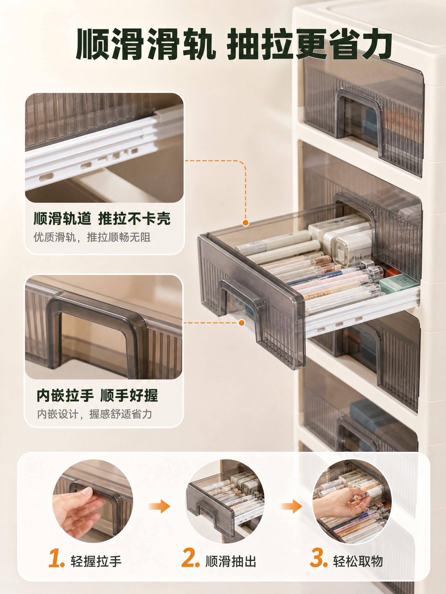 [商品] 使用【图3】米白色五层抽屉式收纳柜抽屉拉开特写；保留… - 图片创意预览