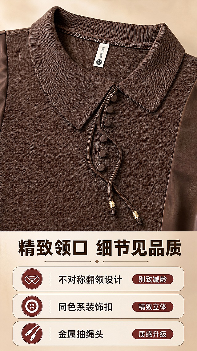 [商品] 使用【图1】咖啡色不规则翻领拼接长袖针织上衣领口部位；商品处理：保留不规则翻领形状、抽绳、装饰扣排列、金属绳头、领口罗纹和咖啡色原貌；放大领口区域，增强针织纹理、缎面光泽、金属扣质感和缝线细节，自然去皱，不改变结构和颜色。
[画面] 目标：领口细节特写页，突出不规则翻领+抽绳装饰扣的精致工艺。构图：竖版9:16，上半部分70%为领口超大特写，聚焦不规则翻领、七颗装饰扣和抽绳金属头；下半部分30%为细节文案说明。背景：浅米色柔焦背景，突出领口细节质感。
[视觉] 套系策略：风格=拼多多接地气温馨商业风；标题字=粗黑体醒目大字；正文字=清晰圆体；主色=暖咖棕；背景延展=暖米色到浅咖色渐变、细腻织物质感；强调色=酒红色，仅用于小面积标签和引线；标题色=深咖棕；正文色=深灰棕；组件=圆角信息卡、细线引线；光影=侧前柔光，突出面料纹理和金属光泽。
[文字] 底部主标题"精致领口 细节见品质"，三个细节卖点："不对称翻领设计 别致减龄""同色系装饰扣 精致立体""金属抽绳头 质感升级"，配小图标，文字全部横排。
[规格] 图片比例9:16竖版，分辨率4K，质量medium。避免变形、错字、文字过小、冷蓝背景、衣服颜色改变、结构失真、极限词、平台Logo。