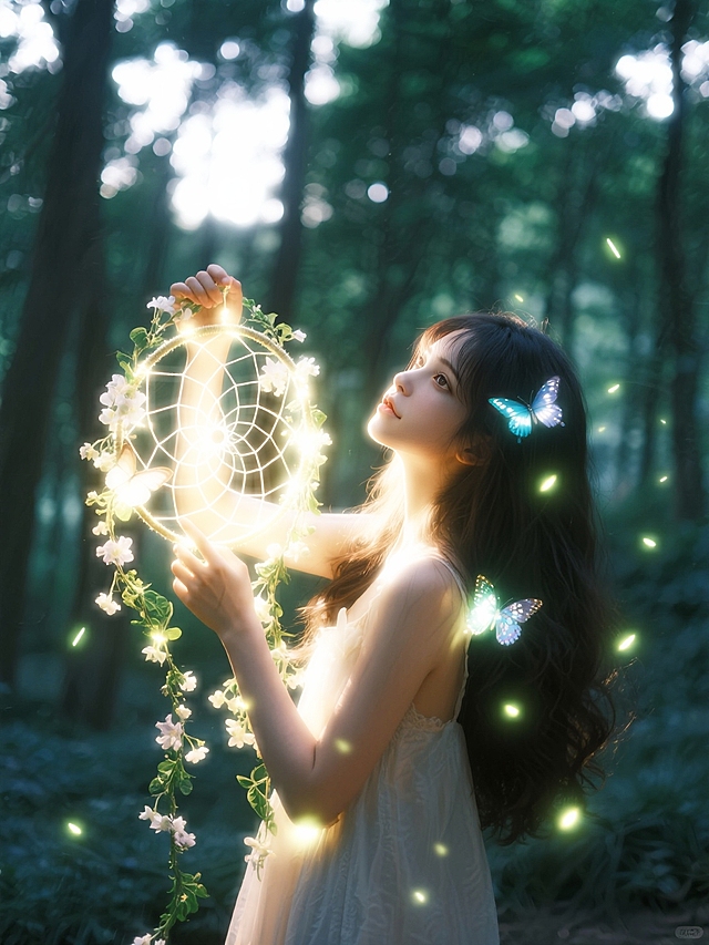 森系少女，手持发光花藤捕梦网，肌肤发光发亮，发丝发光，周身飘萤火光斑和闪闪发光的蝴蝶，背后是茂密树林与树隙漏光。