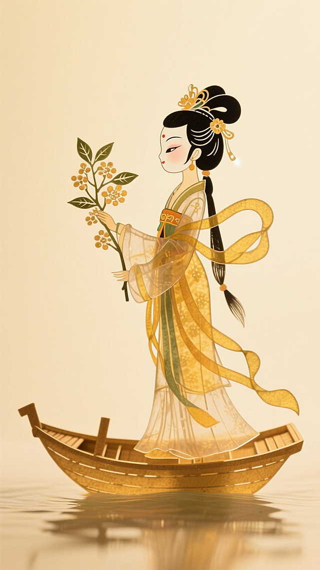 嫦娥装扮的迷你的Q版小女孩站在上面船上，手里拿着桂花，干净的浅黄色背景