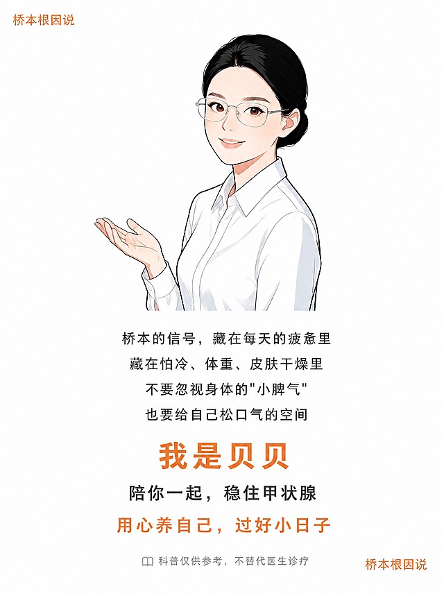 将用户上传的真人头像放置在1242×1660px纯白背景页面的居中偏上位置，头像宽度约450px，保持原图比例不做圆形裁切，背景为纯白色 #FFFFFF。左上角加暖橙色 #E8833A 小号品牌文字「桥本根因说」，右下角加暖橙色 #E8833A 小号品牌名「桥本根因说」。头像下方居中排列以下文字，行高2.2：
深灰色 #2D2D2D 34px 正文：
桥本的信号，藏在每天的疲惫里
藏在怕冷、体重、皮肤干燥里
不要忽视身体的"小脾气"
也要给自己松口气的空间

暖橙色 #E8833A 36px 粗体居中：「我是贝贝」
深灰色 #2D2D2D 32px 居中：「陪你一起，稳住甲状腺」
暖橙色 #E8833A 34px 居中：「用心养自己，过好小日子」

页面底部居中灰色小字 #999999 24px：「📖 科普仅供参考，不替代医生诊疗」。整体温暖治愈陪伴感，留白充足，字大清晰。图生图：严格使用用户上传的【图1】作为头像，保留人物的五官、发型、眼镜、白衬衫和手势，只替换背景为纯白色，并在头像下方添加上述文字排版。