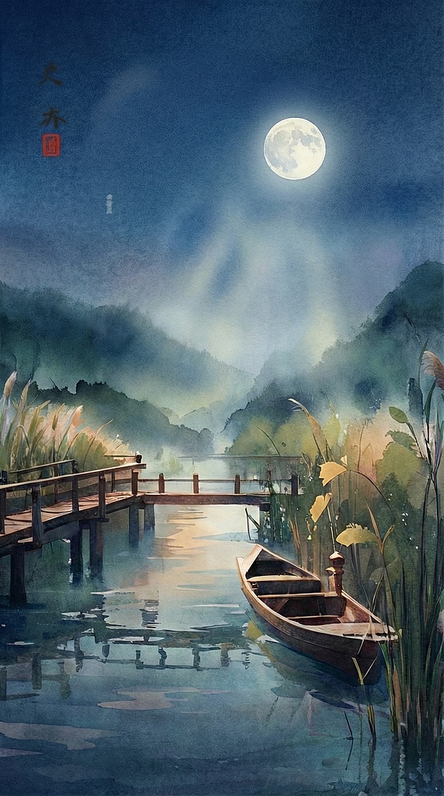 月亮高挂在夜空，月光再朦胧些，不用那么强的光束感。