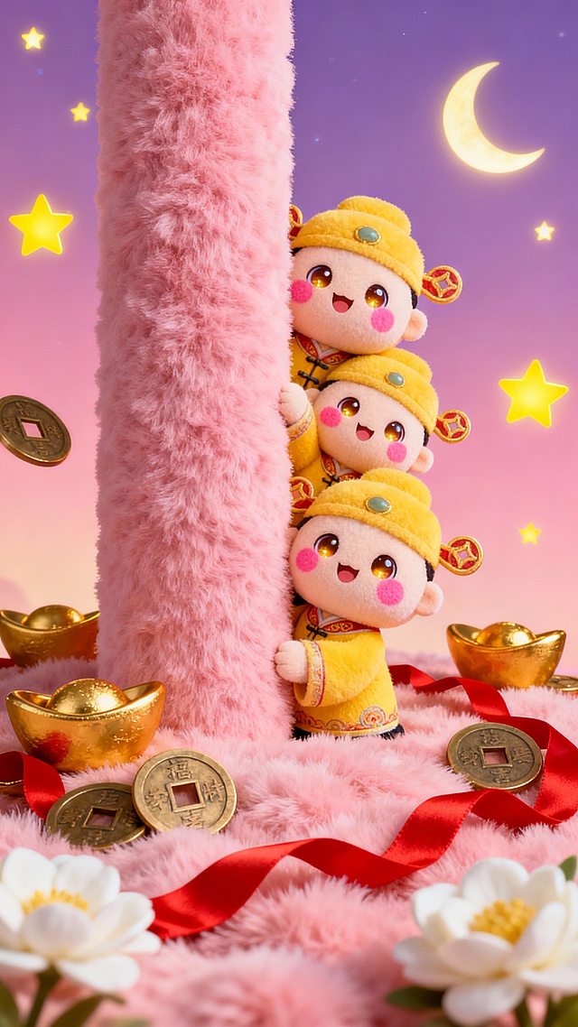 超萌治愈系毛绒绒质感3D插画，主体为三个穿着黄色传统财神服饰的圆脸蛋小玩偶，脸颊带着粉嫩红晕，堆叠着从粉色毛绒柱子后探出头，圆溜溜的大眼睛闪烁着喜悦光芒，周围环绕着金色元宝、铜钱和红色绸带，底部是毛绒质感的粉色与白色花朵，背景是渐变粉紫色夜空，点缀着发光的黄色星星和弯弯月牙，整体画面温暖柔和，充满喜庆发财的氛围，光影细腻柔和，色彩和谐统一，细节丰富可爱。