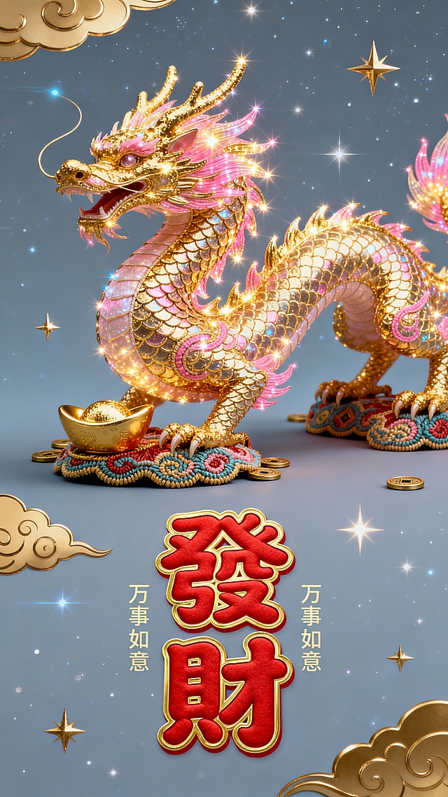 3D重拟物风格的鎏金龙，融合中式浮雕与金属质感，梦幻星光点缀，喜庆奢华，传递新春发财祝福。