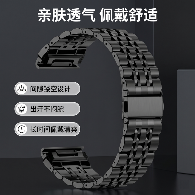 [主图 4] 亲肤透气特性展示主图。
[氛围风格] 运动商务科技质感。
[画质] 商业摄影质感、光线柔和通透、产品清晰真实、画面干净高级。
[元素] 展示整条表带镂空结构，表带佩戴视角展示，产品占比约预览效果