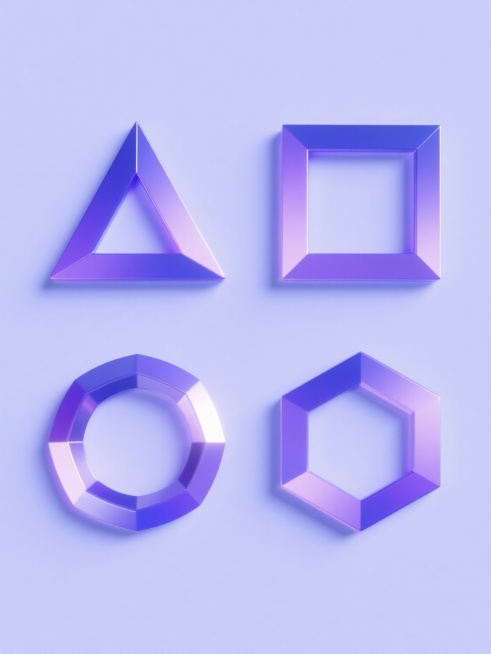 纯色背景上，四个立体3D风格的几何元素规整排布，保持与原图一致的蓝紫色渐变色彩、光滑金属质感和高光阴影效果，分别为三角形、正方形、圆形和五边形，每个元素都具有清晰的棱角和立体结构，整体呈现出科技感和现代设计感。预览效果