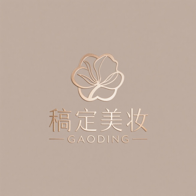 Logo设计，美妆logo设计，元素：极简抽象花卉样式，风格：金属质感+极细线条，字符“稿定美妆”，下面一行小字“GAODING”，字体：纤细衬线体，整体呈现优雅轻奢感，适配烫金工艺，纯色背景预览效果