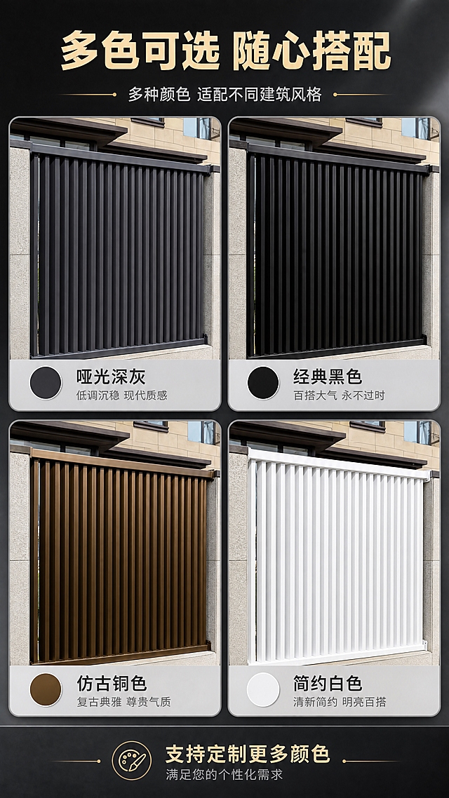 [商品] 使用【图1】铝艺百叶护栏结构；保留百叶结构、上下横梁、整体比例；展示多种颜色版本（深灰、黑色、古铜色、白色），产品结构与原图一致，仅颜色不同，修复表面瑕疵，增强各颜色的金属质感。
[画面] 目标：颜色选型页，帮助用户选择喜欢的颜色。构图：2x2色卡矩阵布局，每格展示一种颜色的护栏局部效果及场景小图。景别：每格为中近景局部展示。四个颜色：左上-哑光深灰、右上-经典黑色、左下-仿古铜色、右下-简约白色。每格下方有颜色名称标签。阅读动线：从左上到右下逐格浏览。
[视觉] 套系策略：风格=现代高端建材商业摄影风；标题字=粗黑体厚重有力；正文字=思源黑体简洁清晰；主色=深炭灰；背景延展=基于深炭灰做深浅层级、同色渐变与金属/石材质感延展；强调色=香槟金，仅用于小面积图标、引线和标签点缀；标题色=深炭灰；正文色=中暖灰；组件=圆角浅灰信息卡、细金线引线、简约线性图标；光影=右前侧自然日光，柔和侧逆光勾勒金属轮廓，阴影自然真实。
[文字] 顶部主标题「多色可选 随心搭配」，副标题「多种颜色 适配不同建筑风格」。每格下方标注颜色名称：「哑光深灰」「经典黑色」「仿古铜色」「简约白色」，配简短风格说明。底部提示「支持定制更多颜色」。文字横排，清晰可读。
[规格] 图片比例9:16竖版，4K分辨率，避免变形、错字、文字过小、颜色失真、结构改变、冷蓝背景。