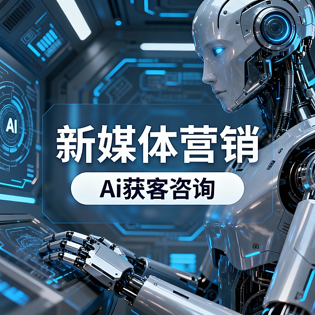 帮我生成：正标题新媒体营销，副标题Ai获客咨询，背景为人工智能机器人，Ai背景