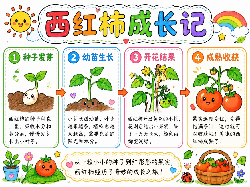 参考图片版式做西红柿成长记手抄报，马克笔手绘风格，白色背景，尺寸297*210，分为四个阶段展示西红柿生长过程，包含生长阶段图文介绍，标题为“西红柿成长记”，整体风格活泼可爱适合儿童科普预览效果