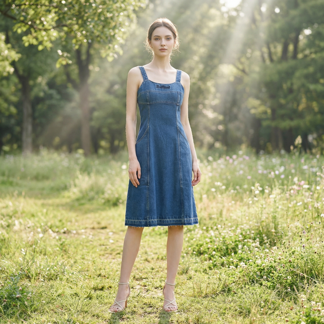 将图中的蓝色牛仔背带裙穿在乌克兰模特身上，模特五官精致立体，身高168cm身材比例修长纤瘦，保持服装原本颜色和长短比例不变，严格保留服装款式。模特穿着及动作自然，符合夏日服装风格。背景是大自然户外公园预览效果