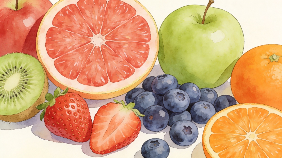 手绘插画风格，展示多种新鲜低糖水果，包含苹果、柚子、草莓、蓝莓、橙子、猕猴桃，水果饱满新鲜色彩清新丰富，摆放错落自然，手绘质感柔和细腻，无任何文字，高分辨率，细节丰富预览效果