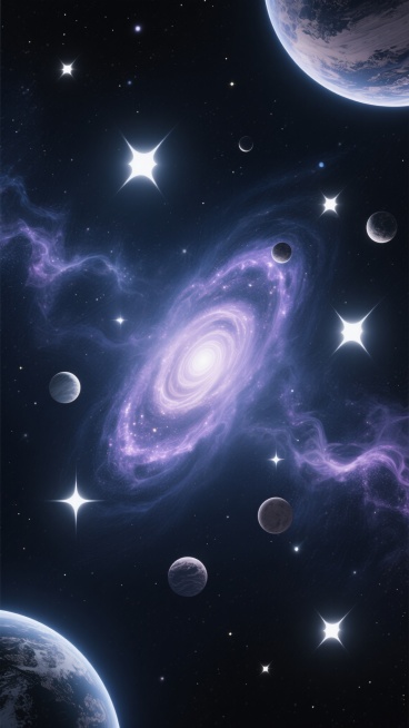 深邃宇宙背景，由不同形态的行星、闪烁的恒星、螺旋状星云和弥散的星际气体构成，整体采用简单干净的配色方案，以深蓝与墨黑为基底，点缀明亮的白色星光和少量柔和的浅紫色星云，营造出宁静而神秘的宇宙氛围，各元素分布错落有致，形成富有层次感的视觉效果，风格偏向写实与梦幻的结合，光影处理柔和，强调宇宙的浩瀚与空灵。预览效果