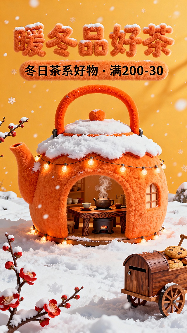 主体为橙色茶壶造型小屋（屋顶积雪、橙色提手，内部设棕色茶桌、冒着热气的茶炉、茶具，外围环绕暖橙串灯）；场景是飘雪的雪地，分布带雪红梅、棕色木信箱、载满点心的木推车；上方 3D 橙色毛绒字体设计的主副标题组合 “暖冬品好茶”+“冬日茶系好物・满 200-30”，橙黄色背景。