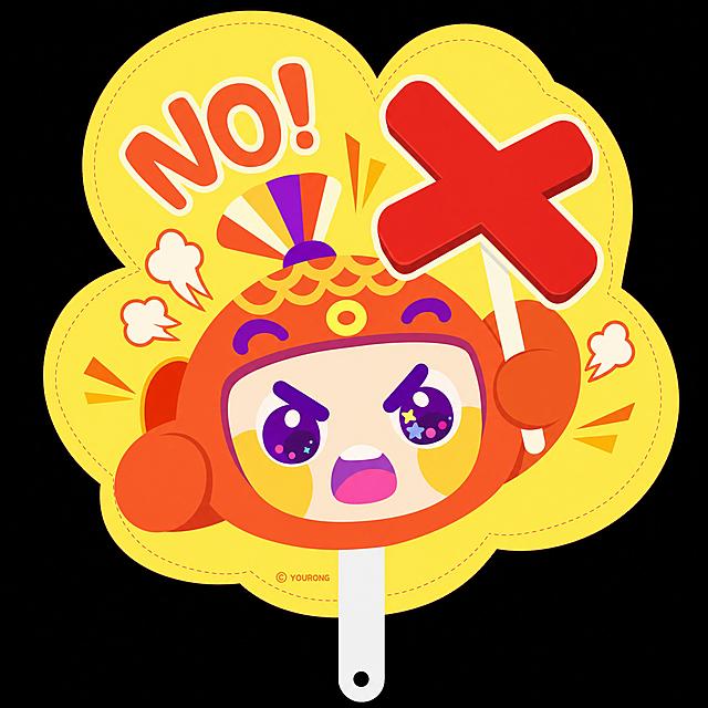 根据参考吉祥物的造型，做一把直径20CM的异形扇子反面，保持原吉祥物的橙红黄色系配色和卡通插画风格，一面是这个吉祥物生气的表情，举着一个大大的红色叉叉❌，整体画面色彩鲜明风格活泼