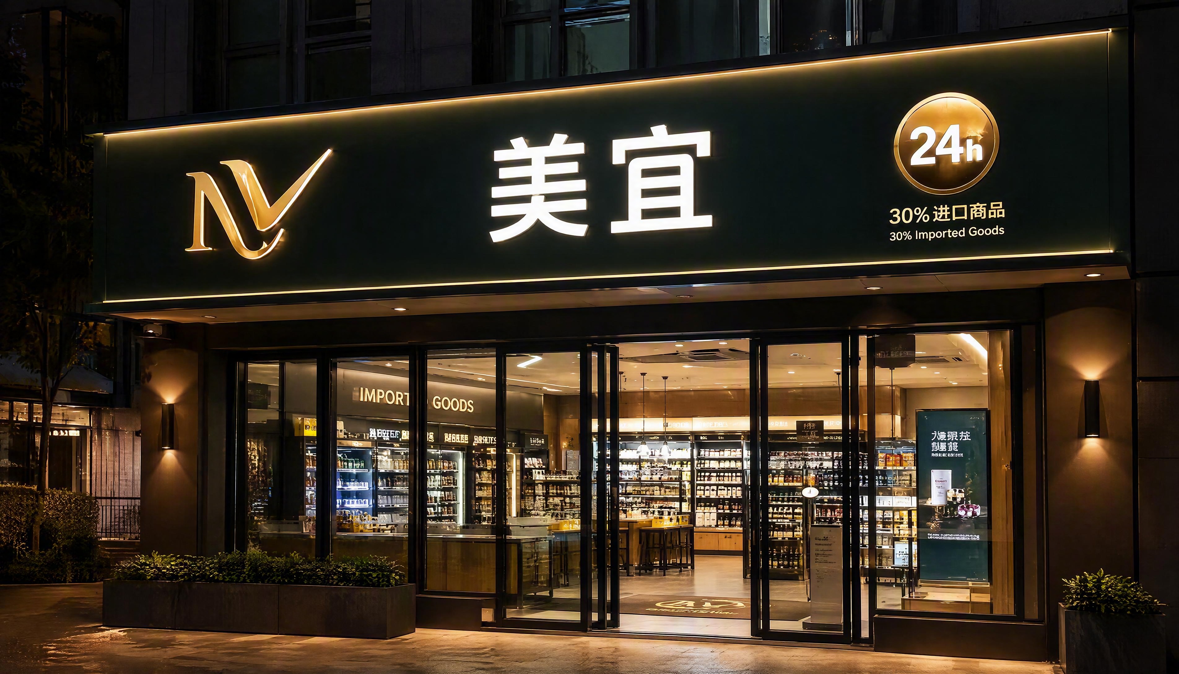高端便利店门头设计效果图，墨绿色哑光金属质感底板，左侧是精致的… - 图片创意预览