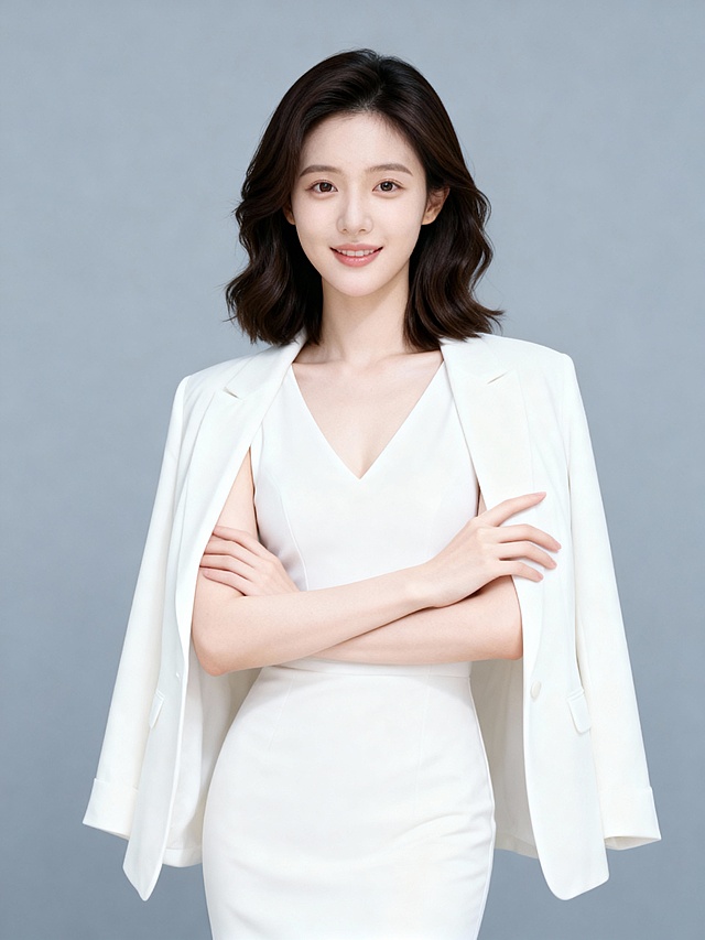 大气白色连衣裙外套抱胸女士形象照