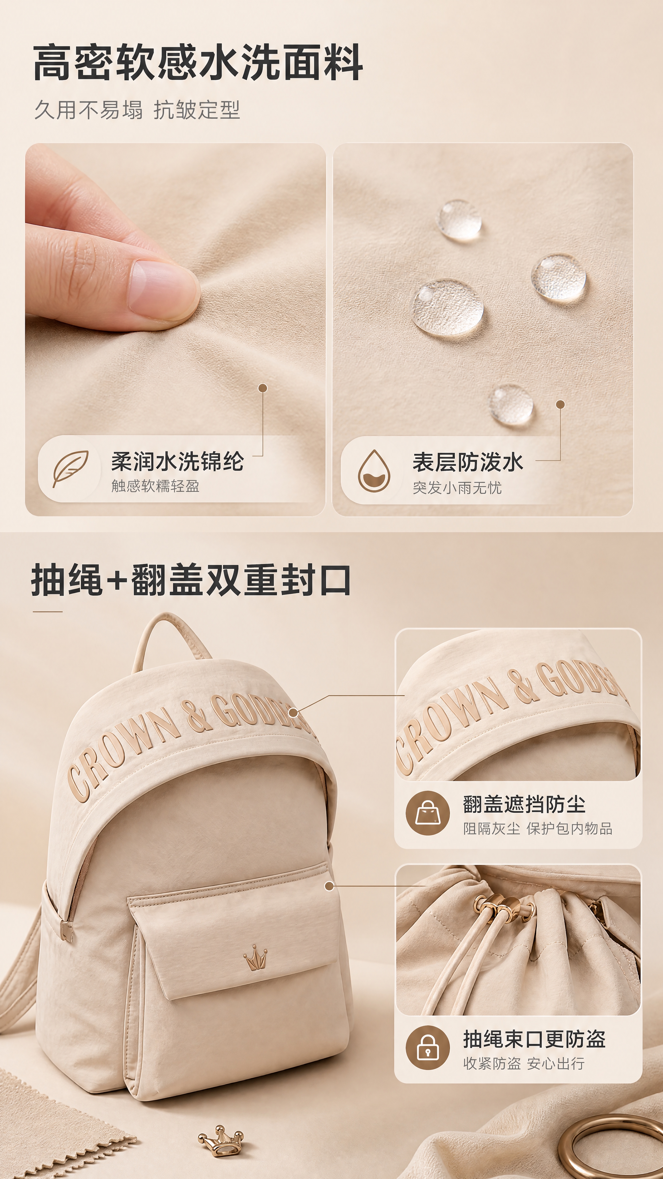 [商品] 使用【图4】浅卡其色双肩包前置口袋细节和【图5】翻盖… - 图片创意预览