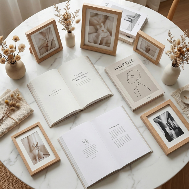 白色大理石桌面俯视上面铺着北欧ins书本，还有着照片木框在摆着预览效果